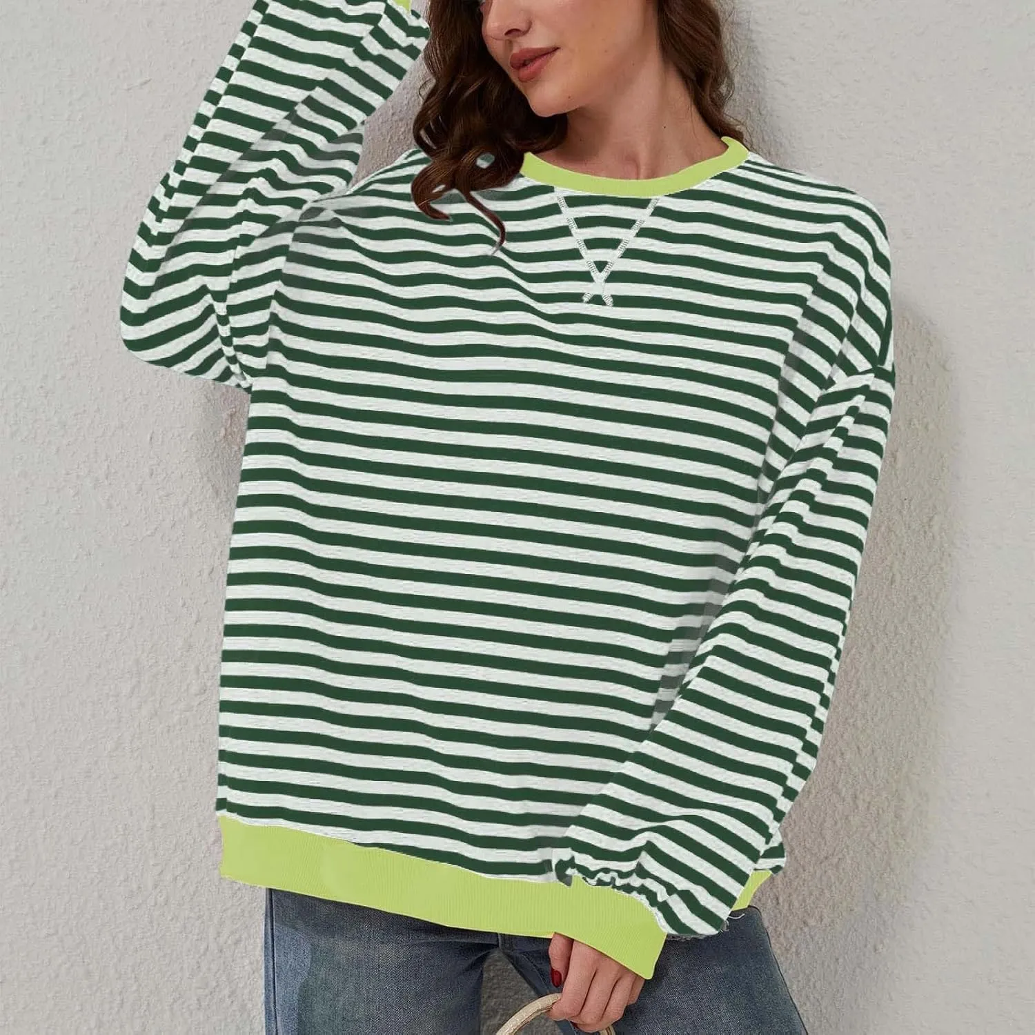 Striped Sweatshirt Women Oversized Striped Color Block Long Sleeve Crew Shirt Women Casual Loose Pullover hirt Top