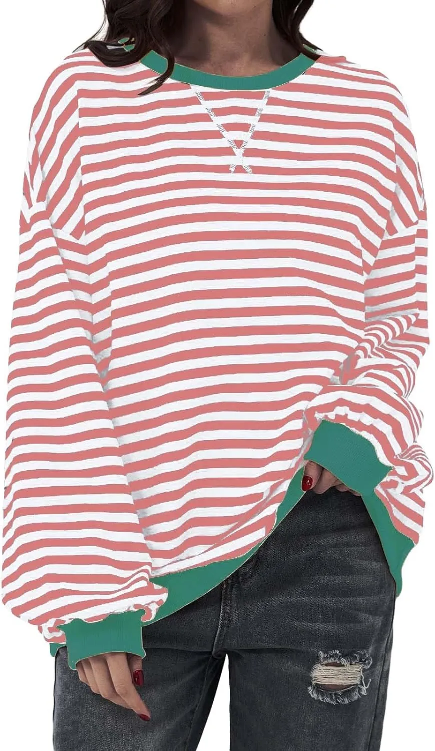 Striped Sweatshirt Women Oversized Striped Color Block Long Sleeve Crew Shirt Women Casual Loose Pullover hirt Top