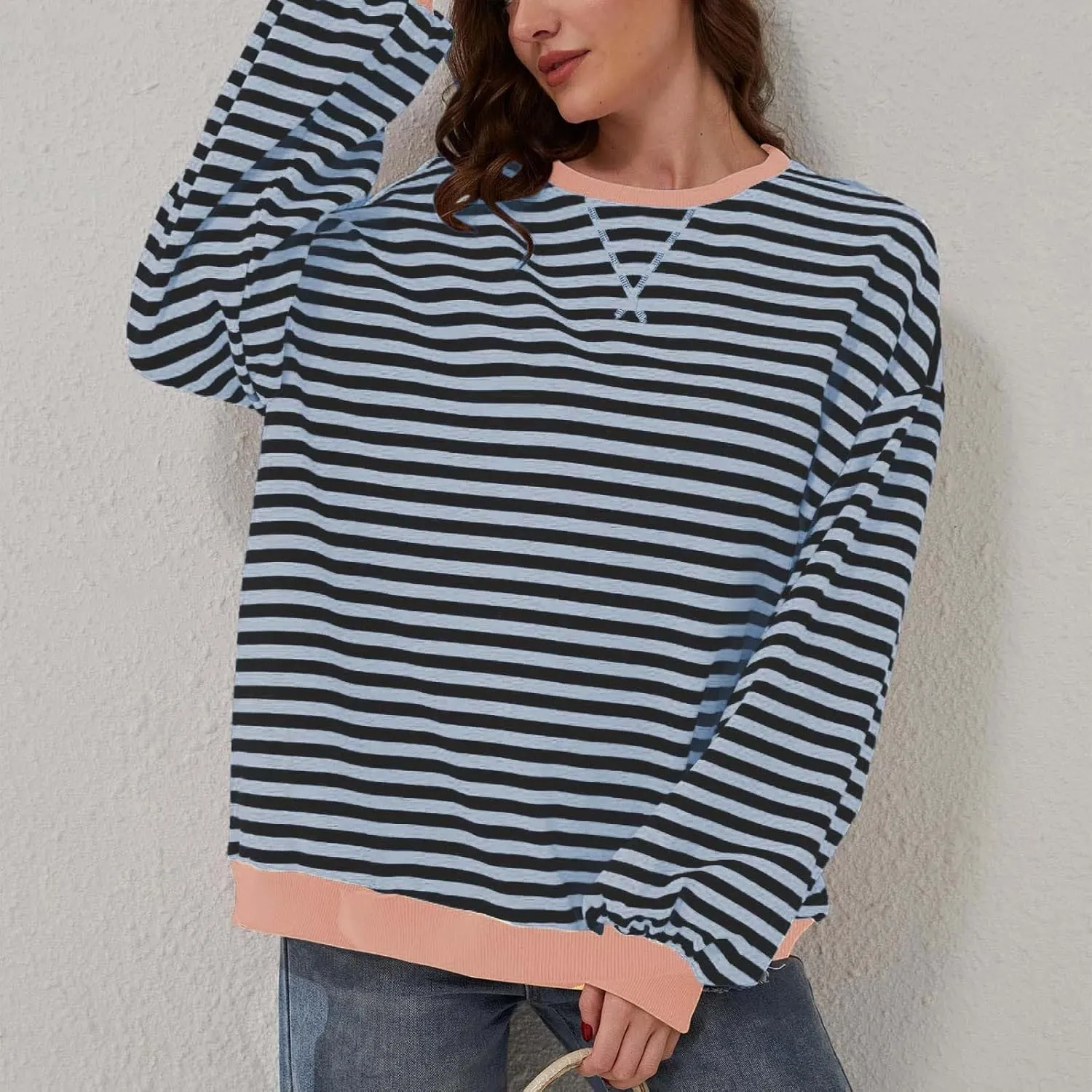 Striped Sweatshirt Women Oversized Striped Color Block Long Sleeve Crew Shirt Women Casual Loose Pullover hirt Top