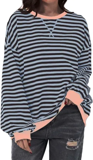 Striped Sweatshirt Women Oversized Striped Color Block Long Sleeve Crew Shirt Women Casual Loose Pullover hirt Top