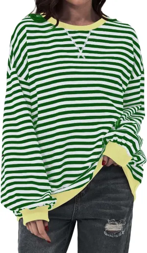 Striped Sweatshirt Women Oversized Striped Color Block Long Sleeve Crew Shirt Women Casual Loose Pullover hirt Top