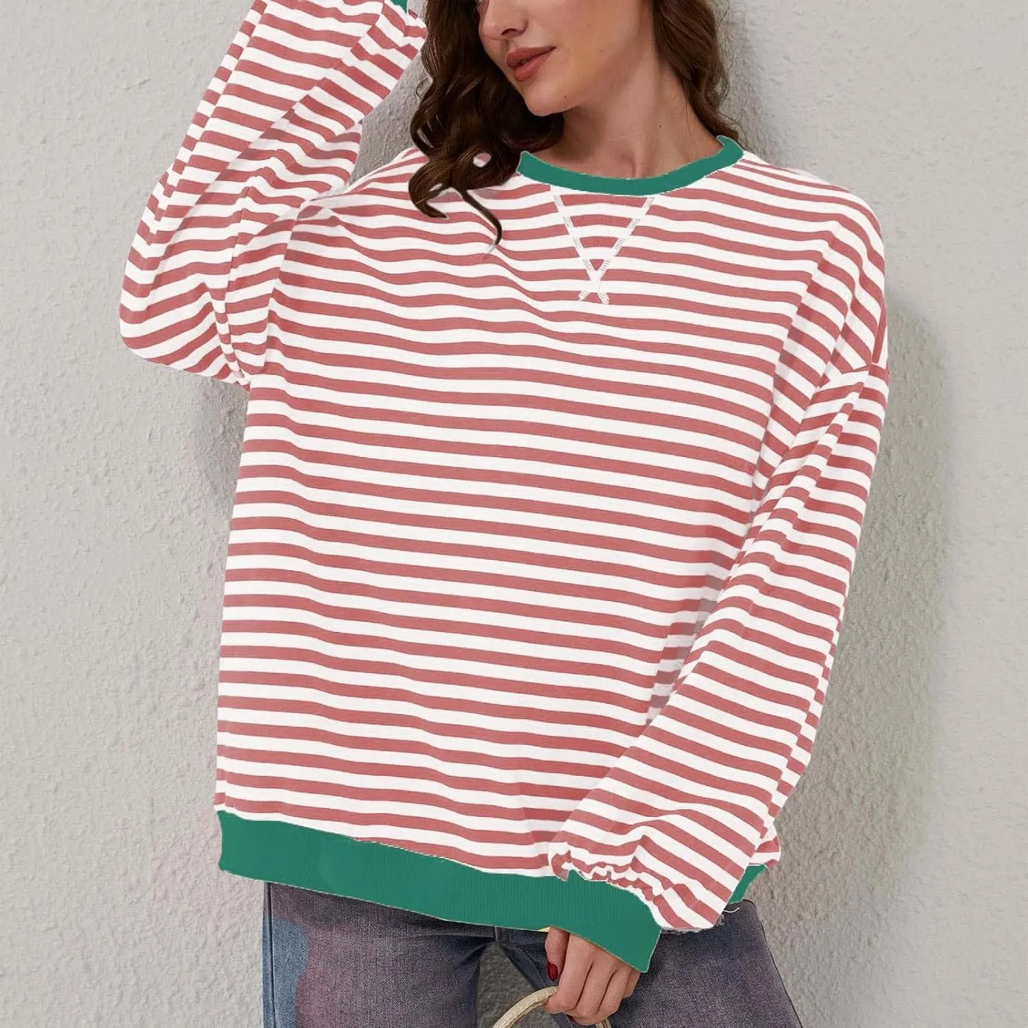 Striped Sweatshirt Women Oversized Striped Color Block Long Sleeve Crew Shirt Women Casual Loose Pullover hirt Top