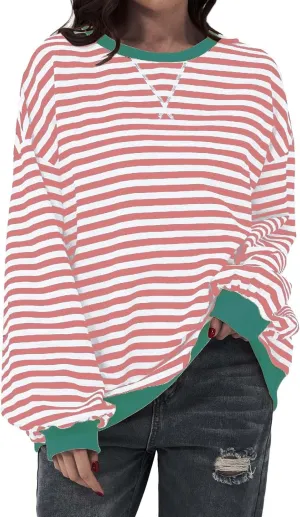 Striped Sweatshirt Women Oversized Striped Color Block Long Sleeve Crew Shirt Women Casual Loose Pullover hirt Top