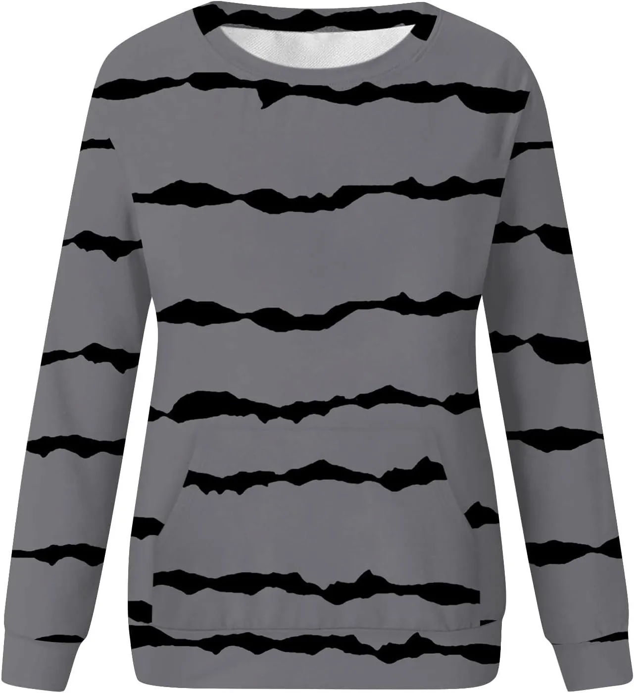 Striped Sweatshirts Women Crewneck Long Sleeve Hoodies Sweatshirt with Kangaroo Pocket Solid Color Pullover Tops