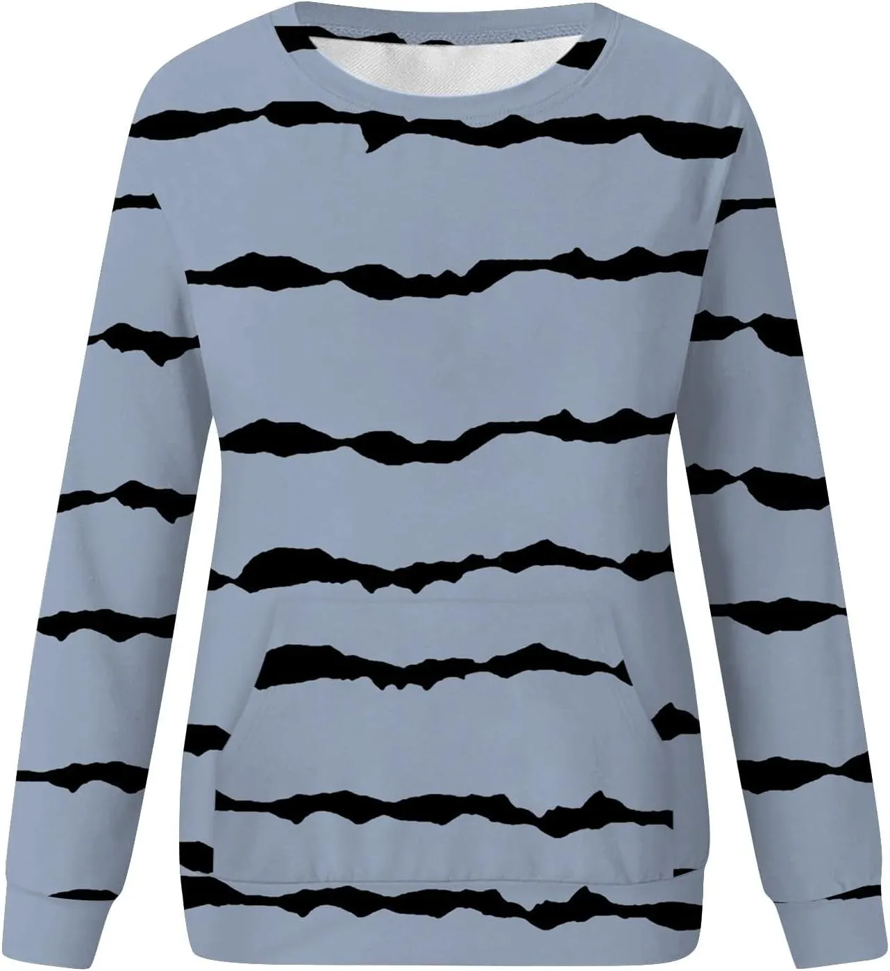 Striped Sweatshirts Women Crewneck Long Sleeve Hoodies Sweatshirt with Kangaroo Pocket Solid Color Pullover Tops