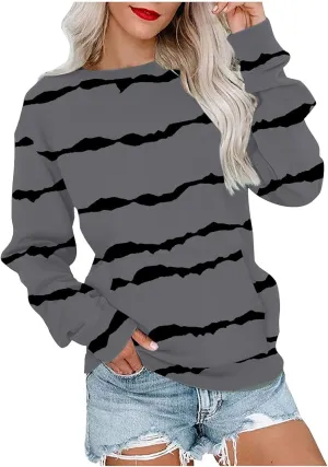 Striped Sweatshirts Women Crewneck Long Sleeve Hoodies Sweatshirt with Kangaroo Pocket Solid Color Pullover Tops