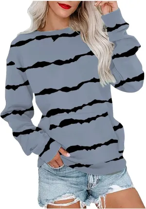 Striped Sweatshirts Women Crewneck Long Sleeve Hoodies Sweatshirt with Kangaroo Pocket Solid Color Pullover Tops