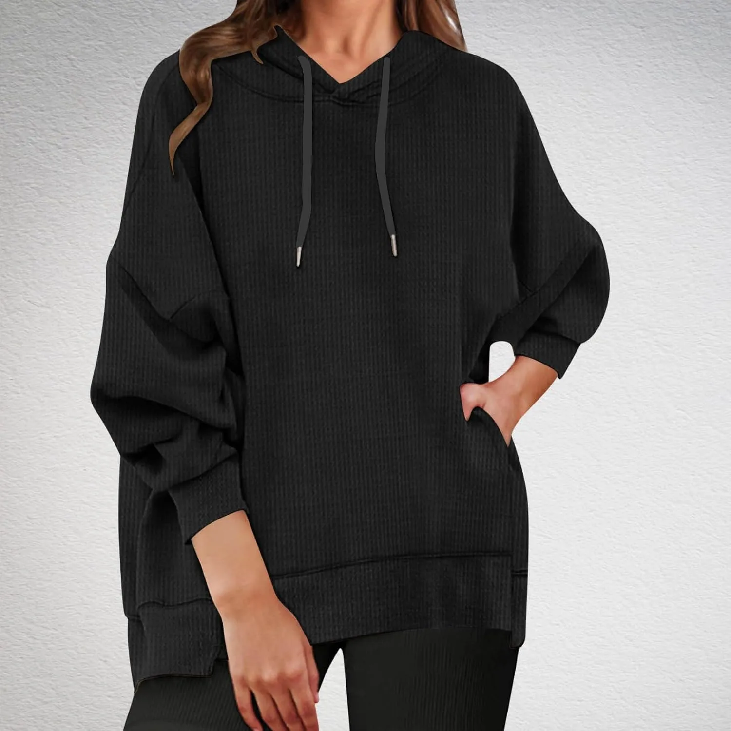 Sweatshirt for Women 2024 Oversized Solid Drawstring Hoodies Wide Hem Casual Loose Fit Crop Sweatshirt with Pockets