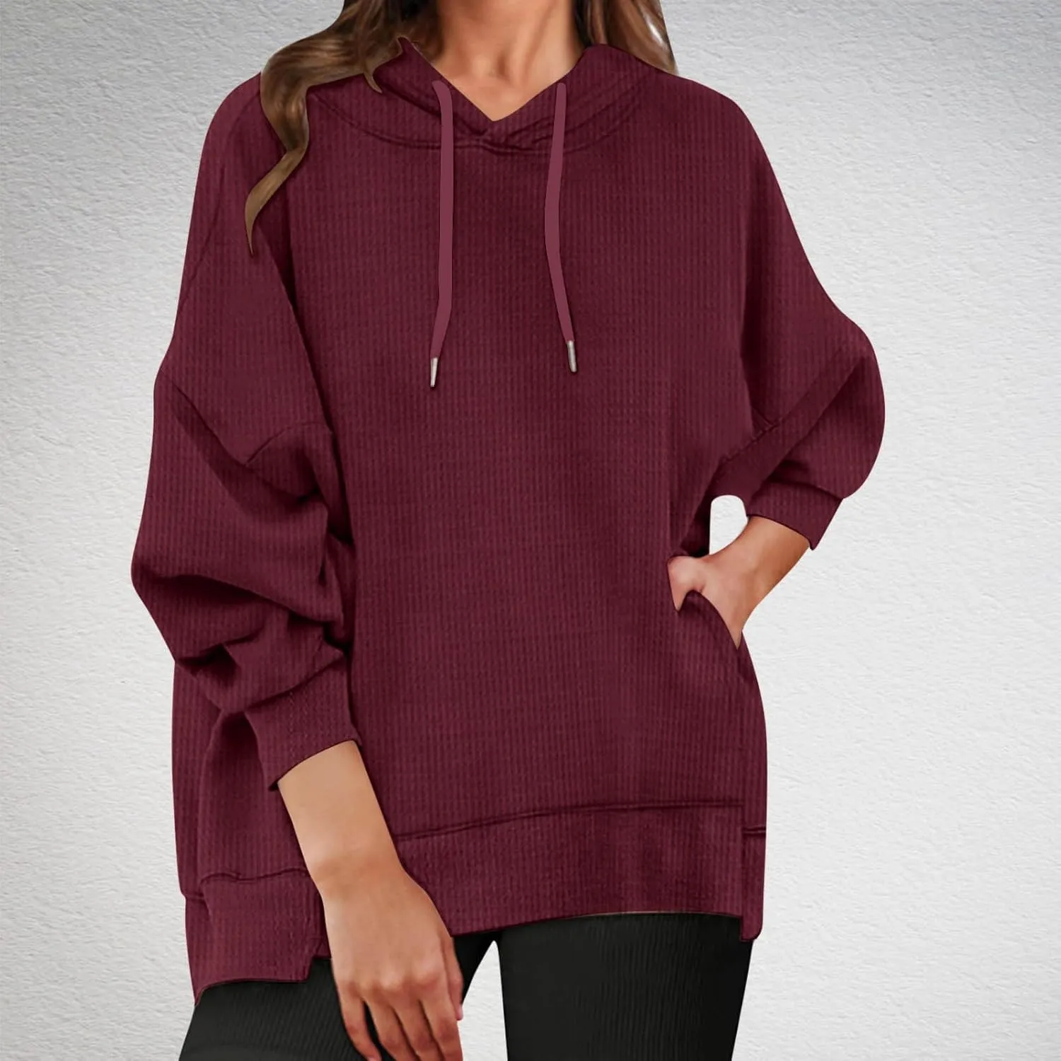 Sweatshirt for Women 2024 Oversized Solid Drawstring Hoodies Wide Hem Casual Loose Fit Crop Sweatshirt with Pockets