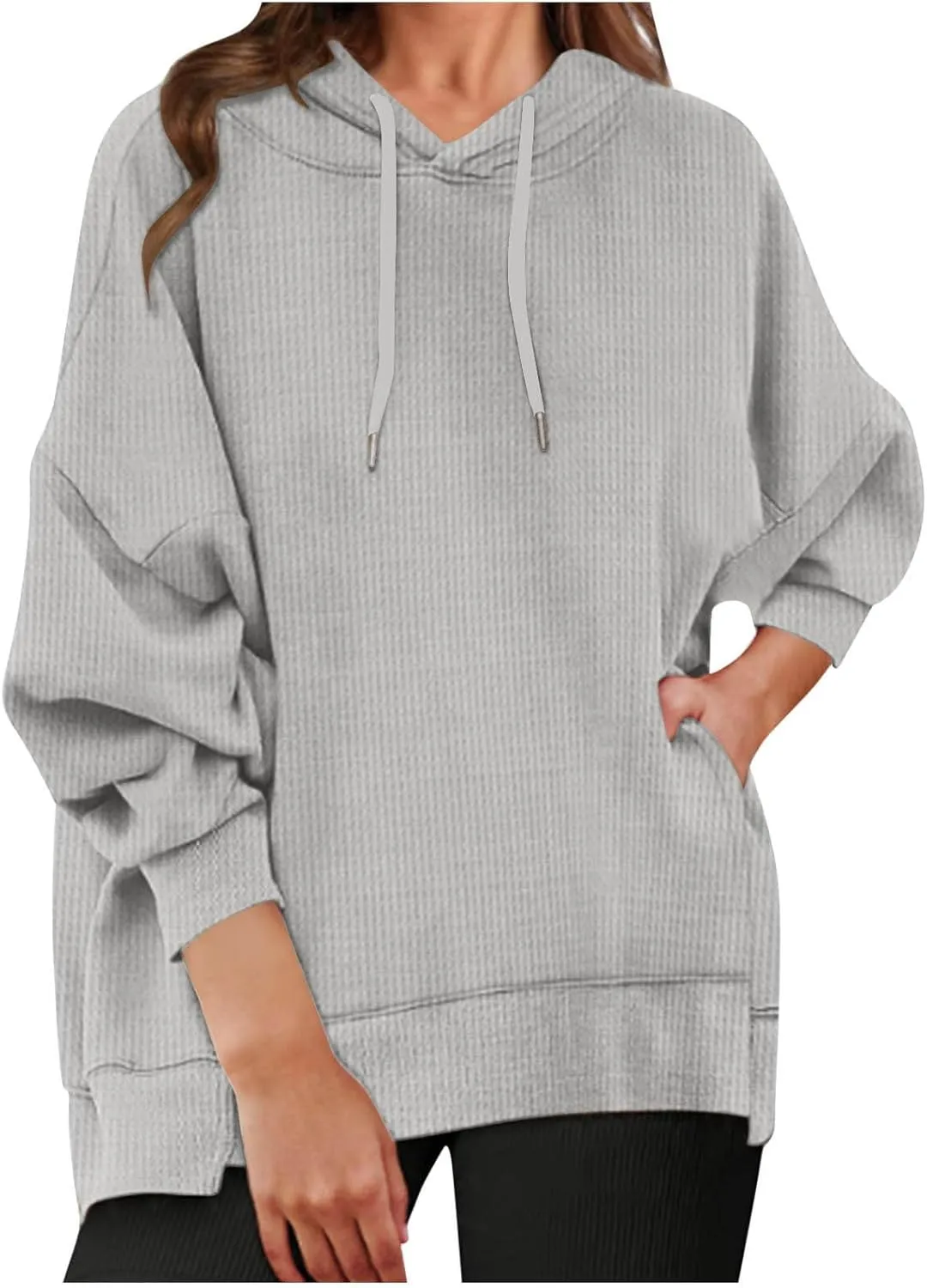 Sweatshirt for Women 2024 Oversized Solid Drawstring Hoodies Wide Hem Casual Loose Fit Crop Sweatshirt with Pockets