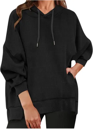 Sweatshirt for Women 2024 Oversized Solid Drawstring Hoodies Wide Hem Casual Loose Fit Crop Sweatshirt with Pockets