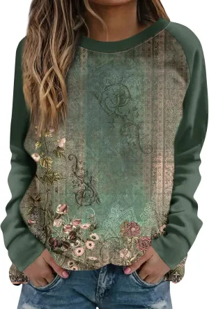 Sweatshirts for Women Long Sleeve Crewneck Oversized Shirts Floral Print Loose Fit Cute Clothes Clothing