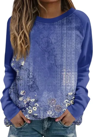 Sweatshirts for Women Long Sleeve Crewneck Oversized Shirts Floral Print Loose Fit Cute Clothes Clothing