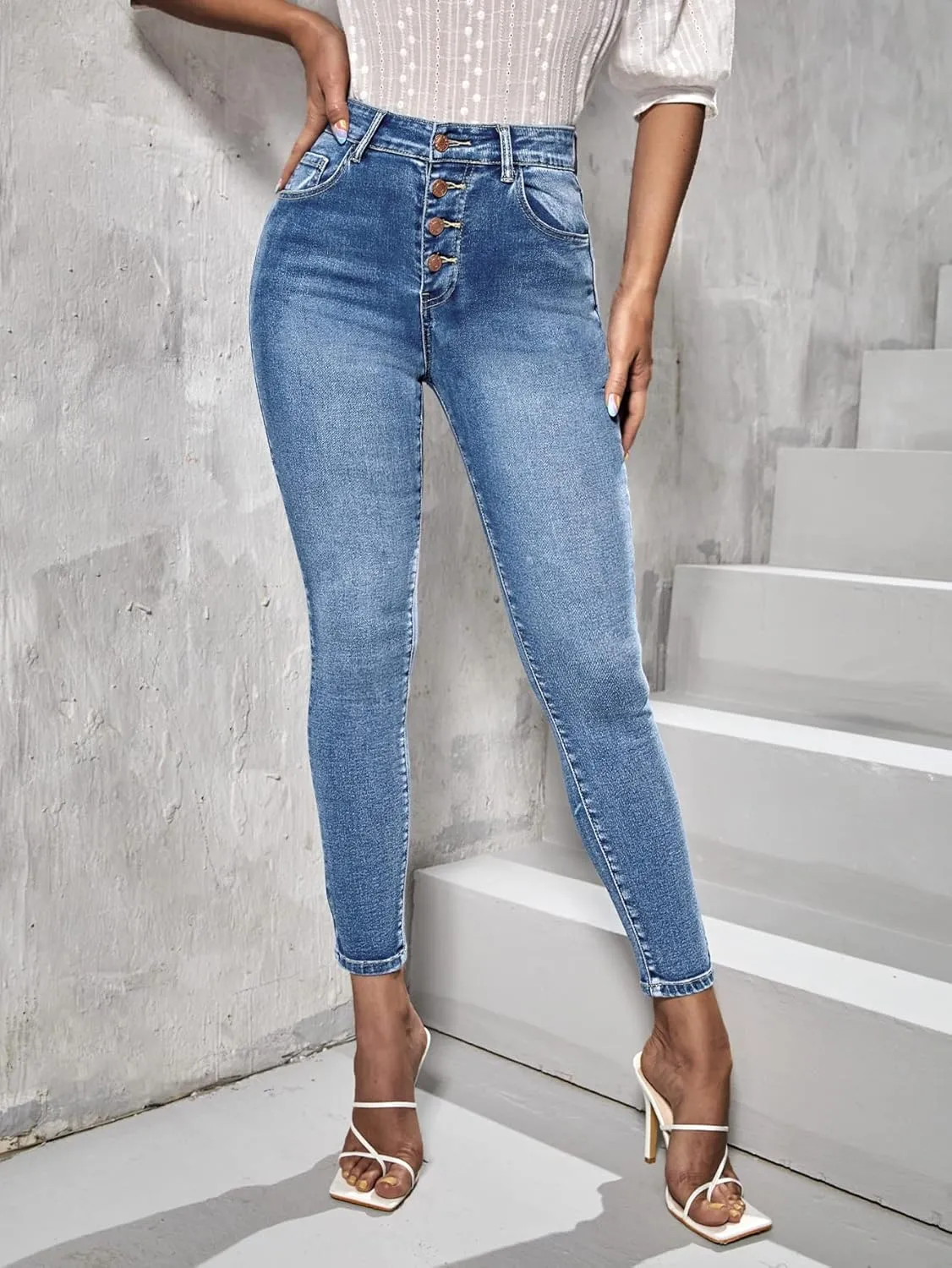 SweatyRocks Women's High Waisted Button Up Skinny Jeans Slim Fit Stretchy Denim Pants with Pockets
