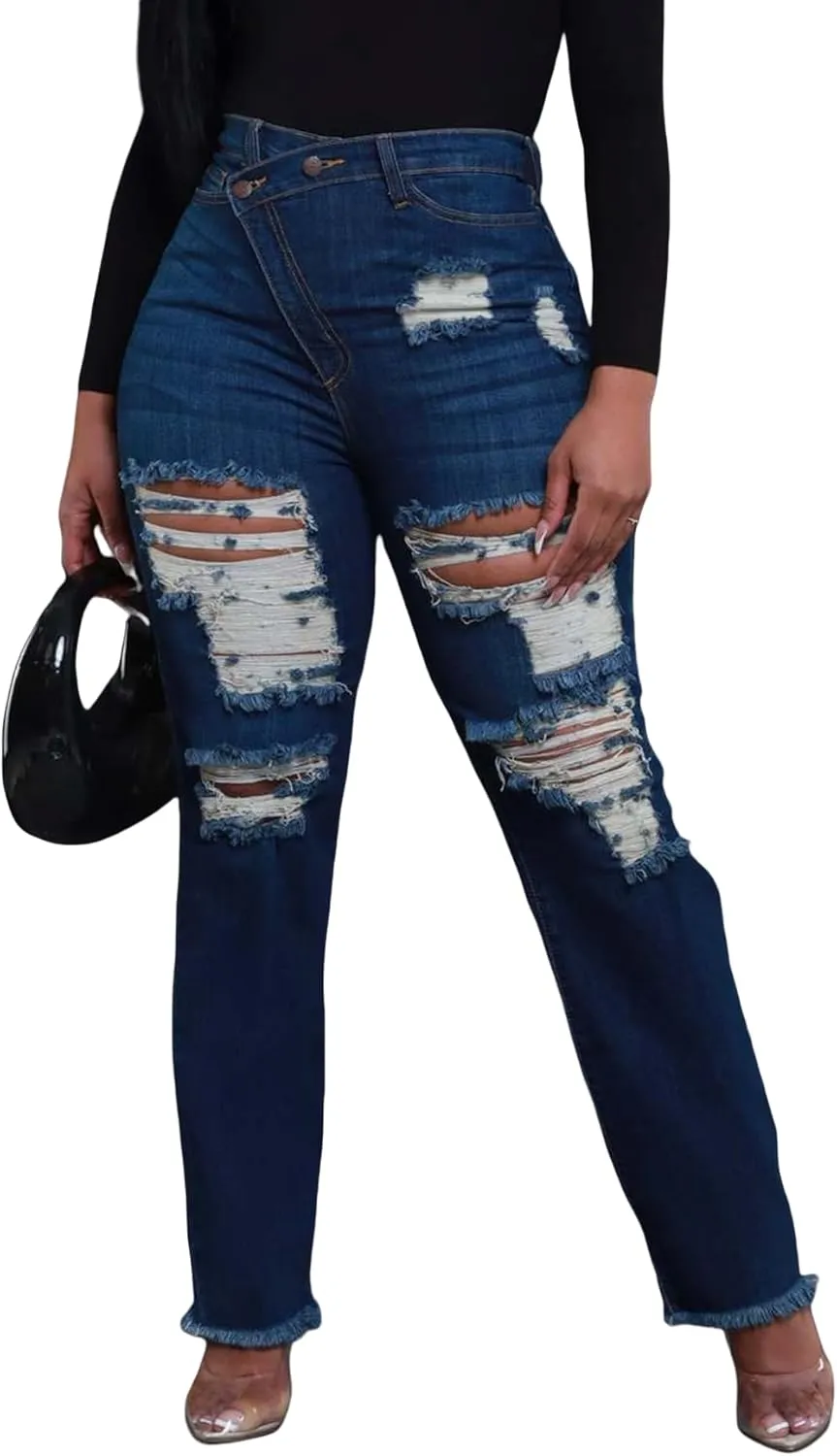 Tcremisa Ripped Jeans for Women Trendy High Waist Corssover Boyfriend Jeans Distressed Stretchy Asymmetric Flared Denim Pants
