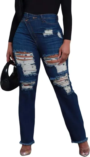 Tcremisa Ripped Jeans for Women Trendy High Waist Corssover Boyfriend Jeans Distressed Stretchy Asymmetric Flared Denim Pants