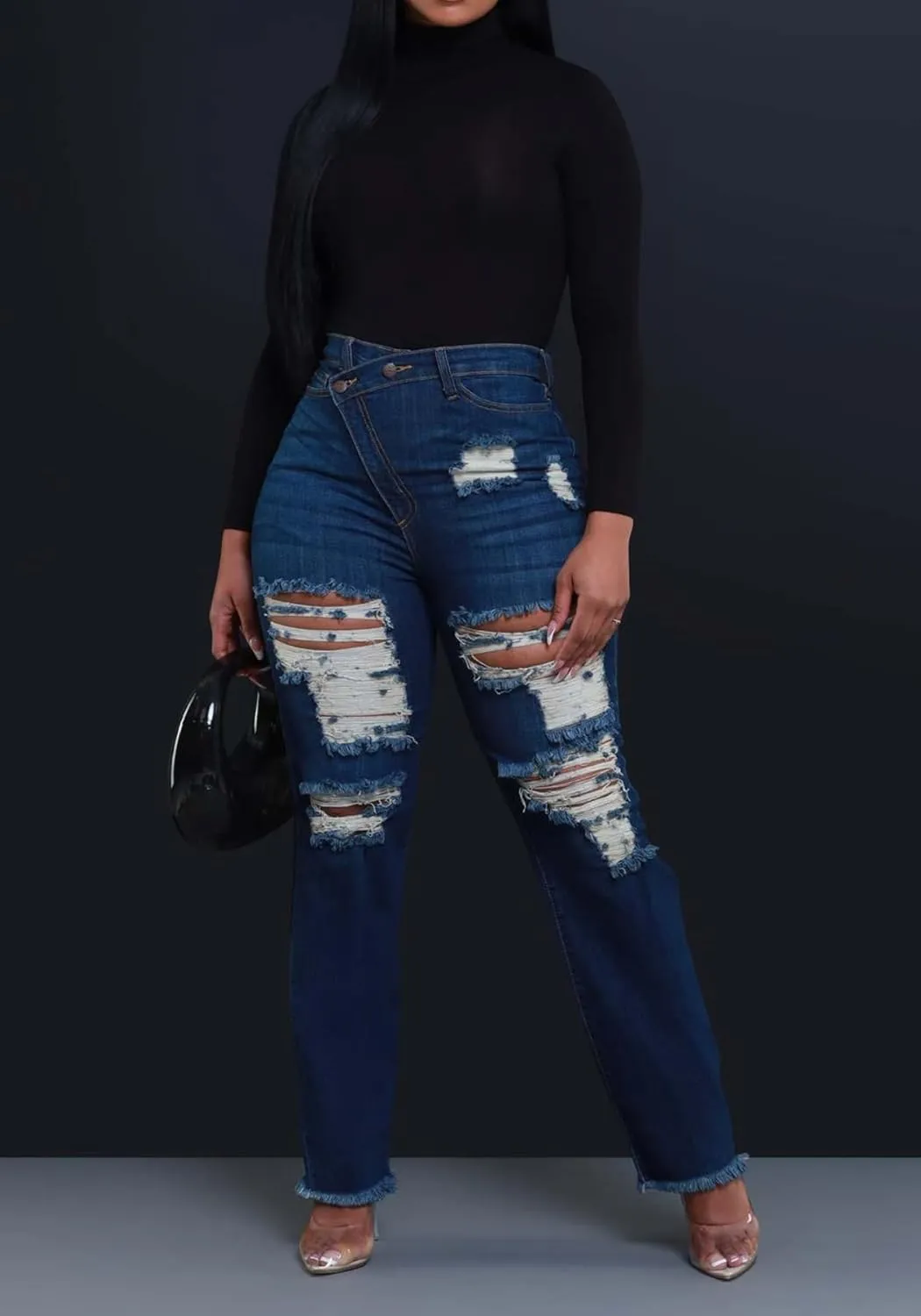 Tcremisa Ripped Jeans for Women Trendy High Waist Corssover Boyfriend Jeans Distressed Stretchy Asymmetric Flared Denim Pants