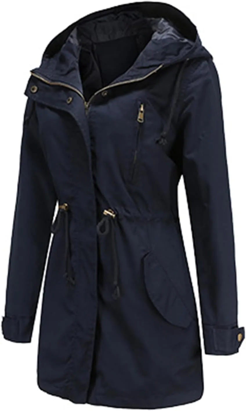 TIAFORD Women's Lightweight Drawstring Waist Hooded Rain Jacket Fall Casual Long Trench Coat Utility Coat with Pockets