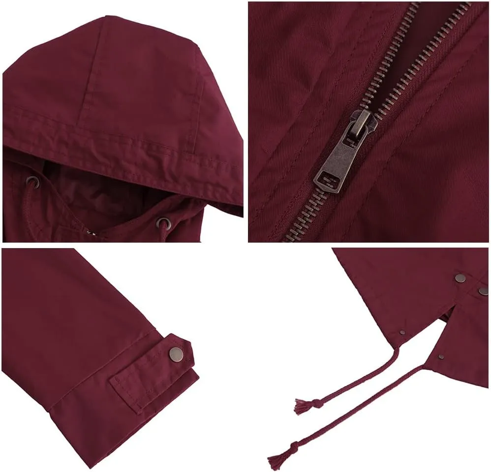 TIAFORD Women's Lightweight Drawstring Waist Hooded Rain Jacket Fall Casual Long Trench Coat Utility Coat with Pockets