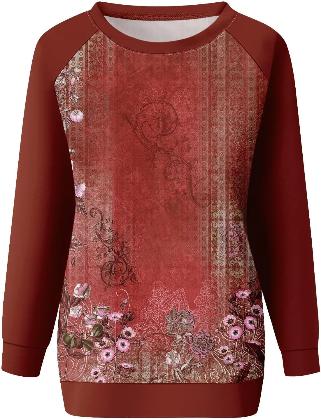 Tunic Sweatshirts for Women Long Sleeve Floral Print Loose Fit Shirts Crewneck Graphic Trendy Sweater Clothing