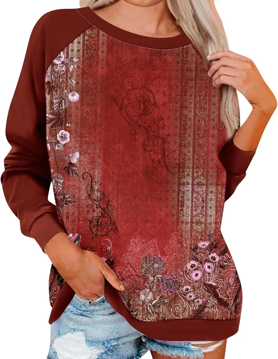 Tunic Sweatshirts for Women Long Sleeve Floral Print Loose Fit Shirts Crewneck Graphic Trendy Sweater Clothing