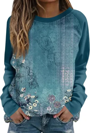 Tunic Sweatshirts for Women Long Sleeve Floral Print Loose Fit Shirts Crewneck Graphic Trendy Sweater Clothing