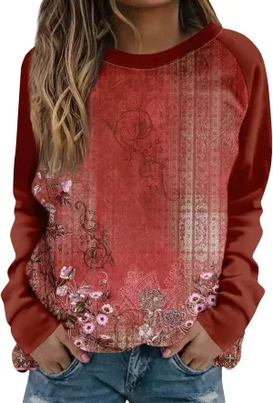 Tunic Sweatshirts for Women Long Sleeve Floral Print Loose Fit Shirts Crewneck Graphic Trendy Sweater Clothing