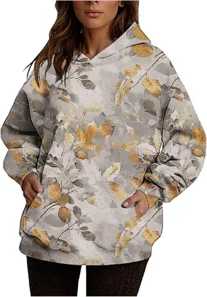 Vintage Camo Sweatshirt Women Maple Leaf Print Winter Fleece Hoodie Casual Long Sleeve Pullover with Kangaroo Pocket