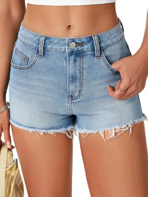 Vrtige Women's High Waisted Denim Shorts Frayed Raw Hem Jeans Shorts