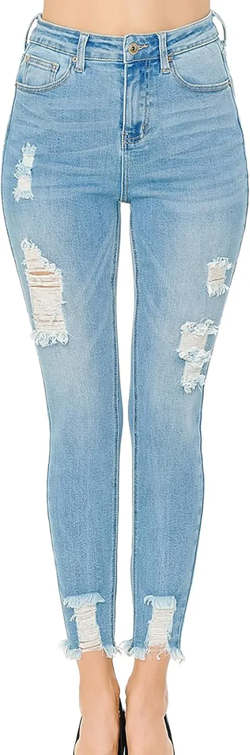 WAX JEAN Women's Vintage-Inspired Ankle Skinny Jeans with Hem Destruction