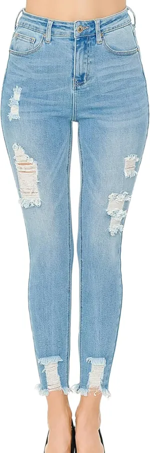 WAX JEAN Women's Vintage-Inspired Ankle Skinny Jeans with Hem Destruction