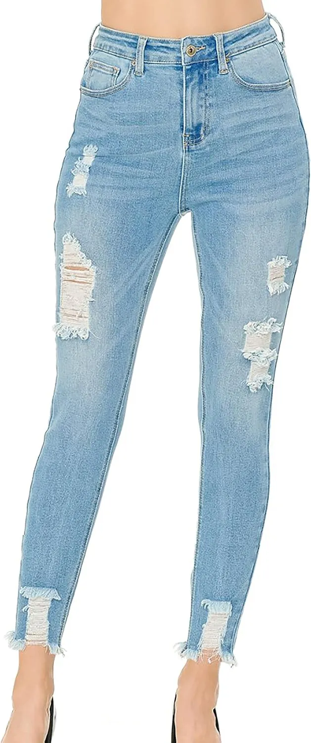 WAX JEAN Women's Vintage-Inspired Ankle Skinny Jeans with Hem Destruction
