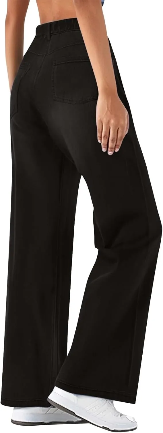 Wide Leg Jeans for Women Cropped High Waisted Trendy Button Fly Patch Pockets Stretchy Denim Pants Trousers Jeans