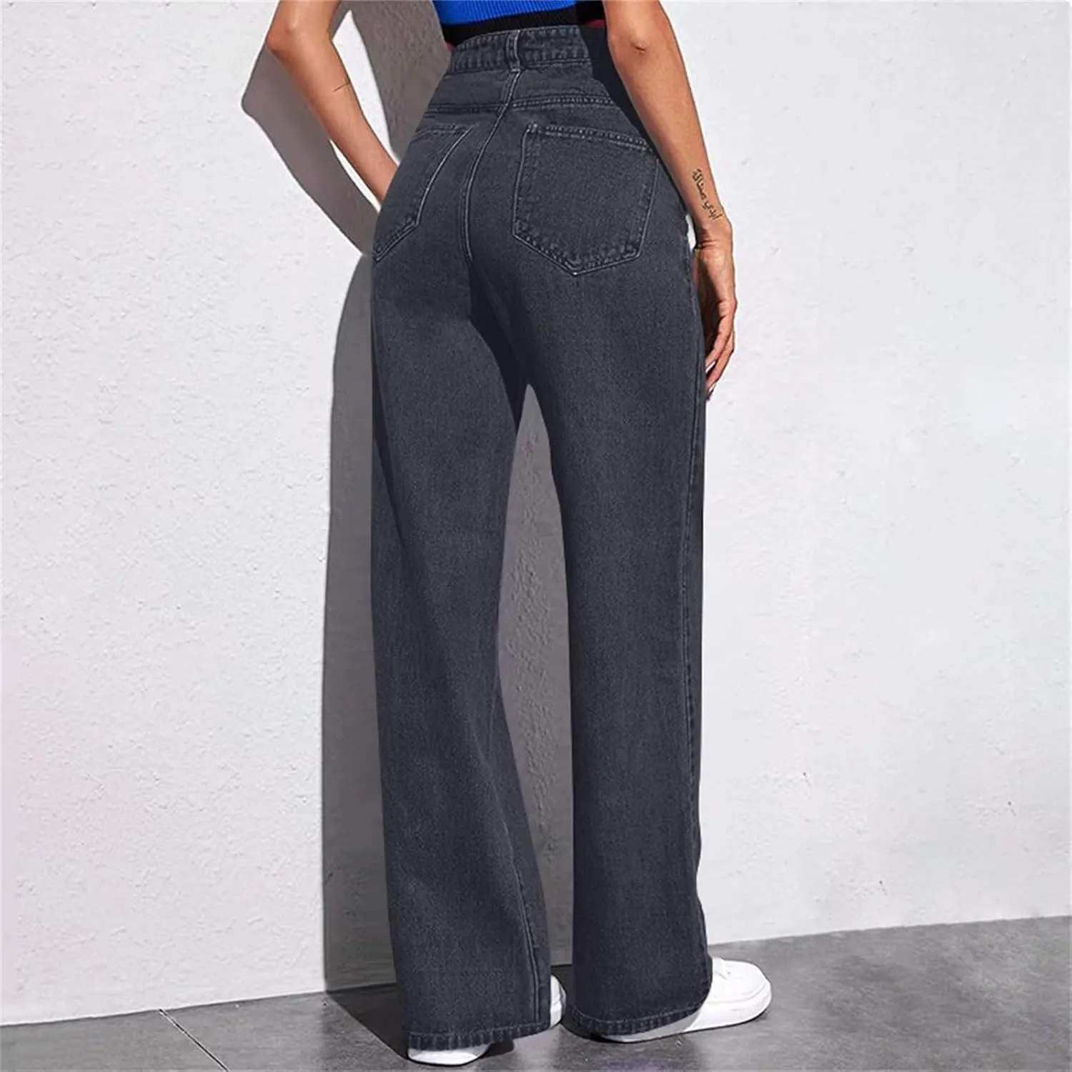 Wide Leg Jeans for Women Cropped High Waisted Trendy Button Fly Patch Pockets Stretchy Denim Pants Trousers Jeans