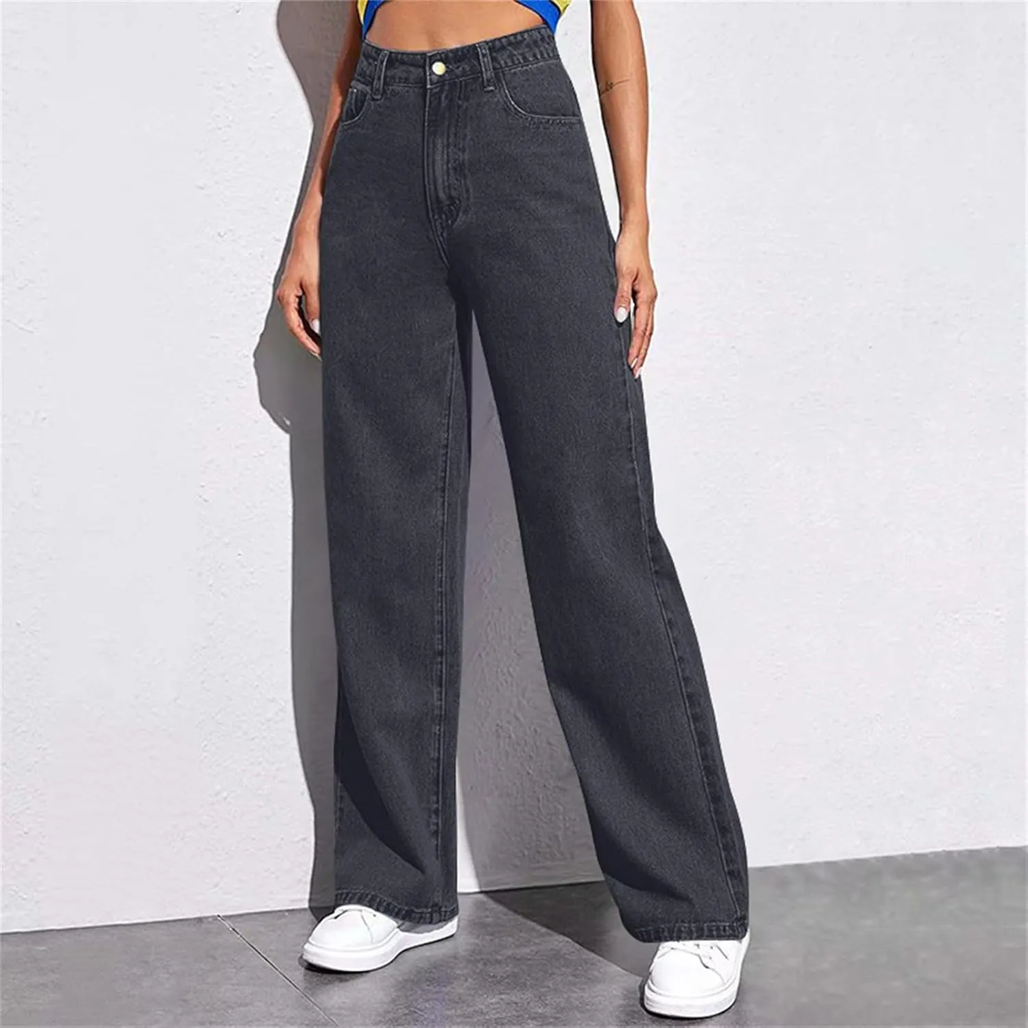 Wide Leg Jeans for Women Cropped High Waisted Trendy Button Fly Patch Pockets Stretchy Denim Pants Trousers Jeans