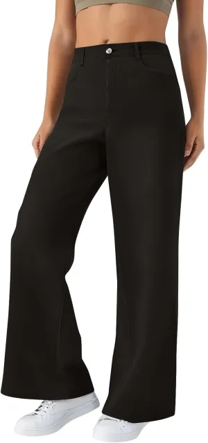 Wide Leg Jeans for Women Cropped High Waisted Trendy Button Fly Patch Pockets Stretchy Denim Pants Trousers Jeans