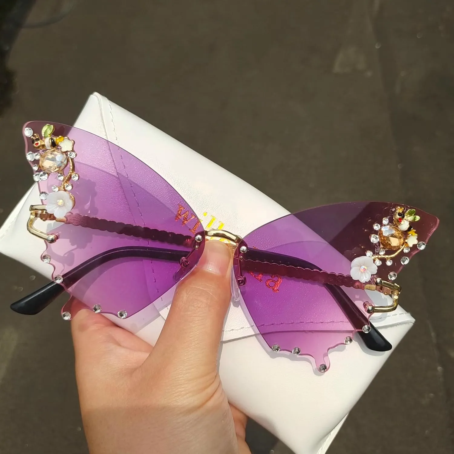 Willochra Women Butterfly Cat Eye Sunglasses - Fashion Shiny Bling Diamond Polygonal Pink Rhinestone Sunglasses