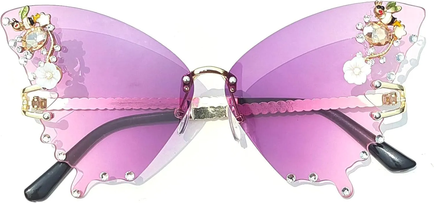 Willochra Women Butterfly Cat Eye Sunglasses - Fashion Shiny Bling Diamond Polygonal Pink Rhinestone Sunglasses