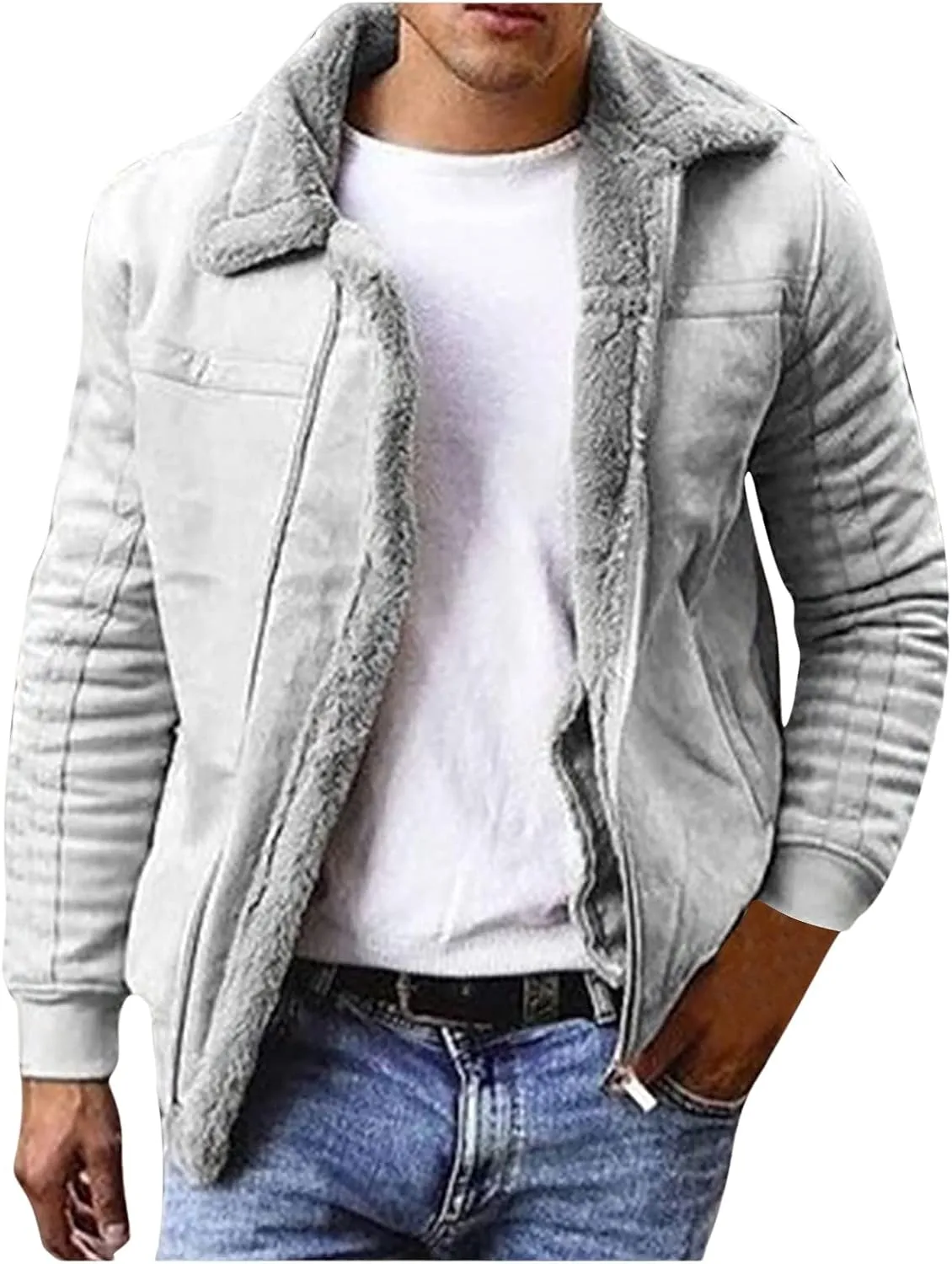 Winter Coats for Men Shearling Leather Bomber Coat Faux Leather Sherpa Fleece Lined Jacket Heavyweight Suede Jackets