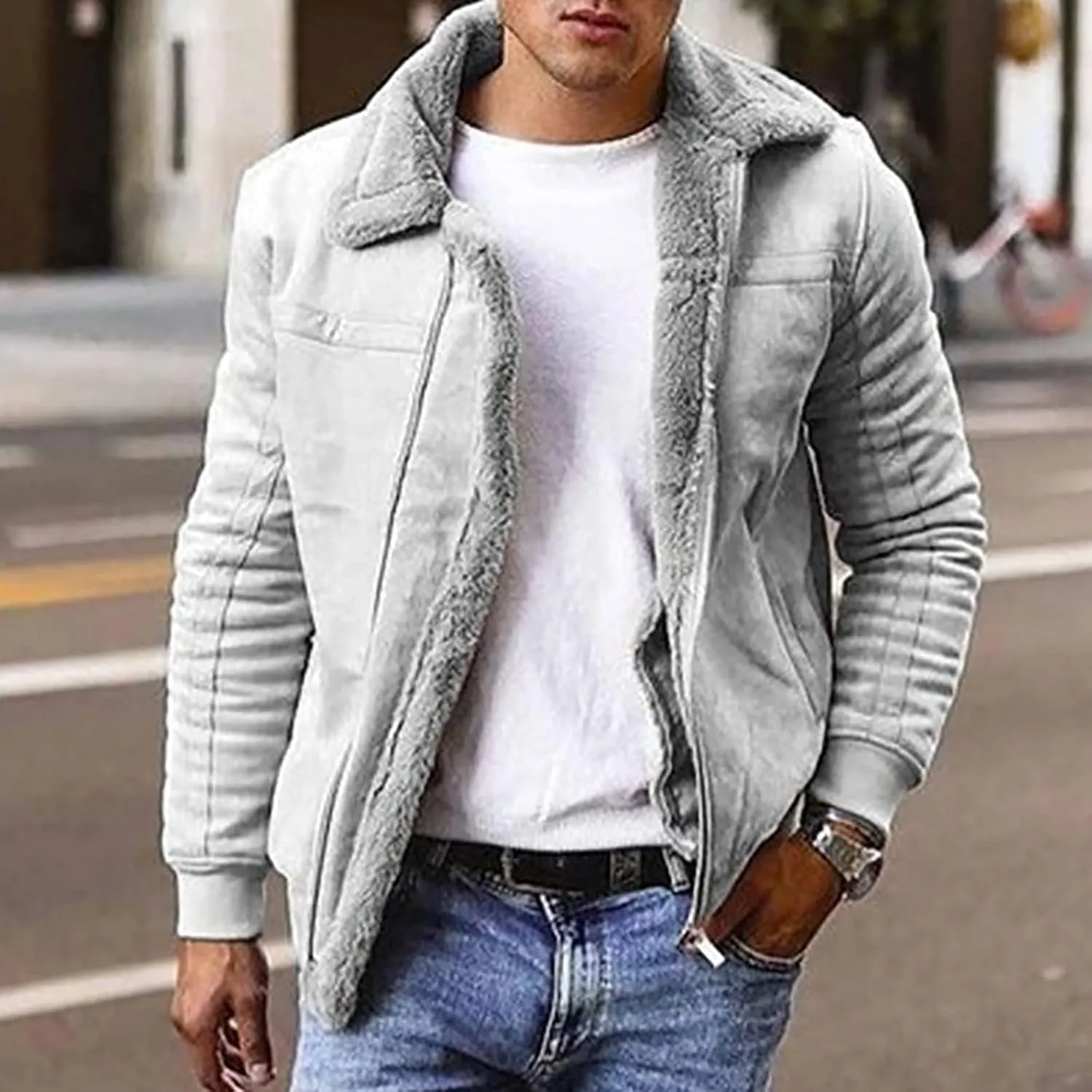 Winter Coats for Men Shearling Leather Bomber Coat Faux Leather Sherpa Fleece Lined Jacket Heavyweight Suede Jackets