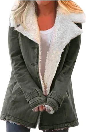 Winter Jackets for Women Fleece Lined Denim Coat Button Down Outerwear Sherpa Jacket Plus Size Warm Coats Open Front Long Sleeve Overcoat with Pockets