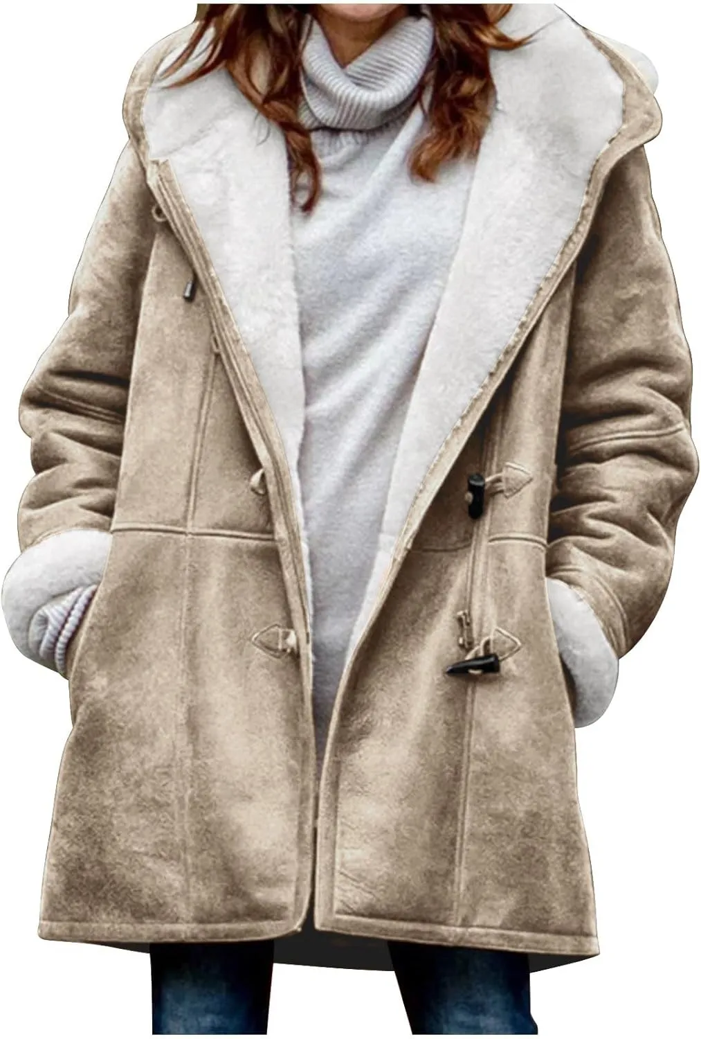Winter Jackets for Women Sherpa Lined Suede Coat Thick Hooded Jacket Plus Size Parka Coat Warm Outerwear with Pockets
