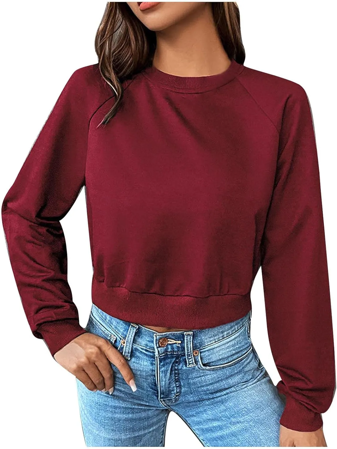 Women Cropped Sweatshirt Trendy Cozy Loose Fit Crewneck Solid Color Pullover Lightweight Long Sleeve Sweatshirt