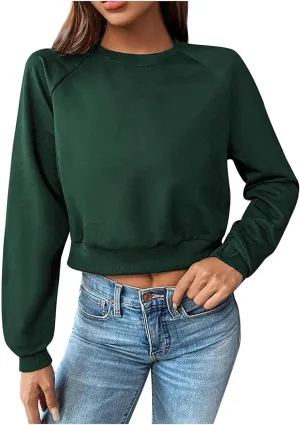 Women Cropped Sweatshirt Trendy Cozy Loose Fit Crewneck Solid Color Pullover Lightweight Long Sleeve Sweatshirt
