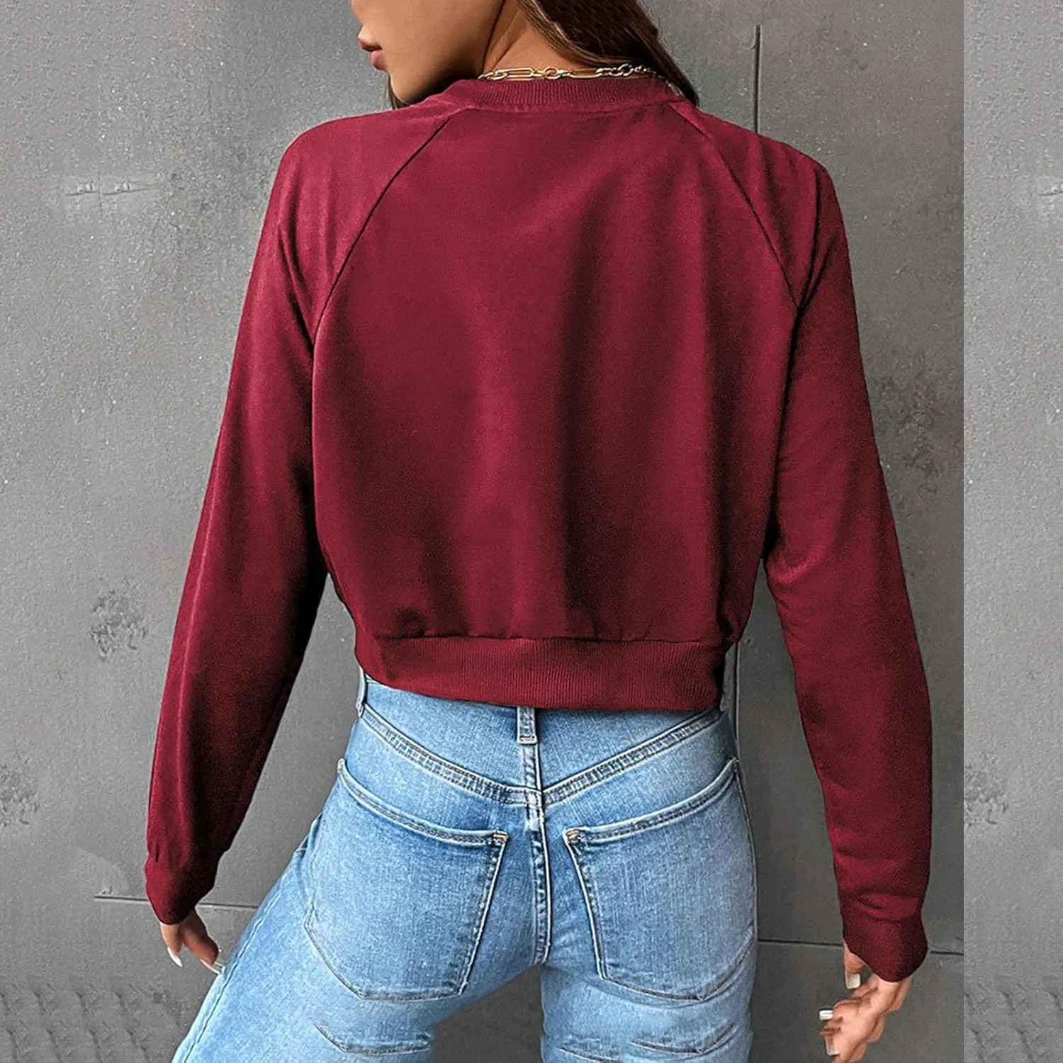 Women Cropped Sweatshirt Trendy Cozy Loose Fit Crewneck Solid Color Pullover Lightweight Long Sleeve Sweatshirt
