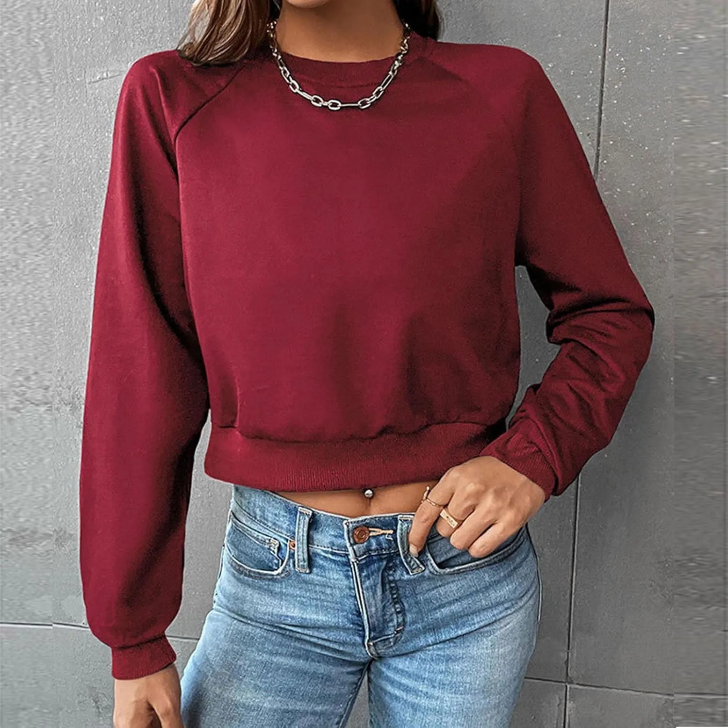 Women Cropped Sweatshirt Trendy Cozy Loose Fit Crewneck Solid Color Pullover Lightweight Long Sleeve Sweatshirt