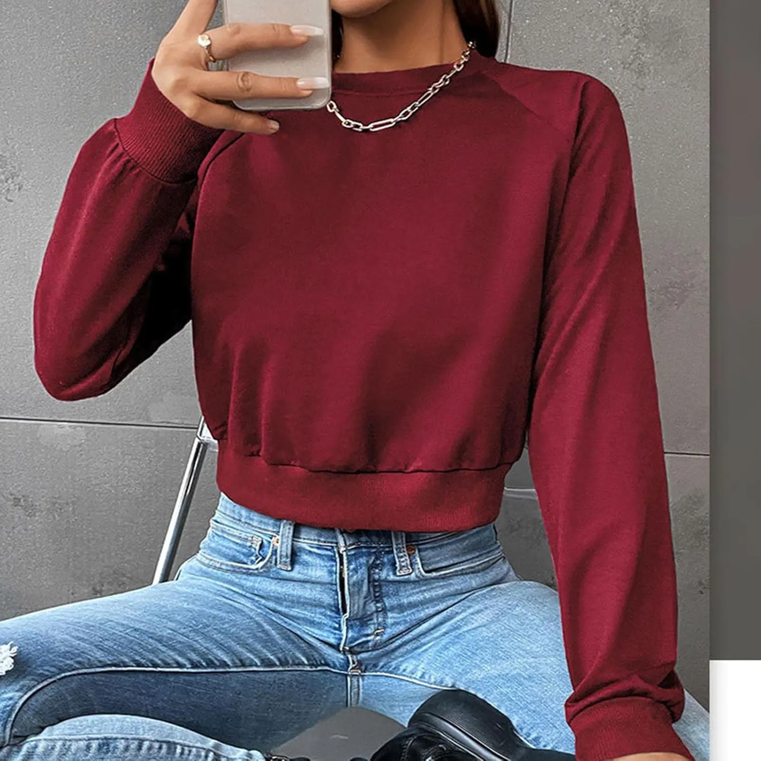 Women Cropped Sweatshirt Trendy Cozy Loose Fit Crewneck Solid Color Pullover Lightweight Long Sleeve Sweatshirt