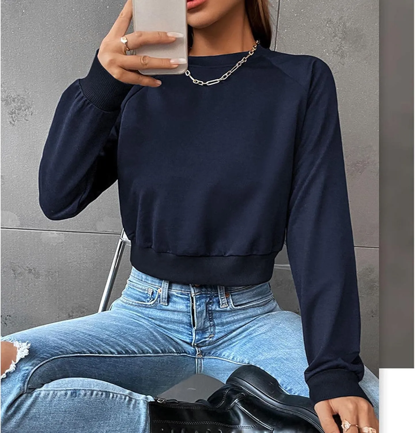 Women Cropped Sweatshirt Trendy Cozy Loose Fit Crewneck Solid Color Pullover Lightweight Long Sleeve Sweatshirt