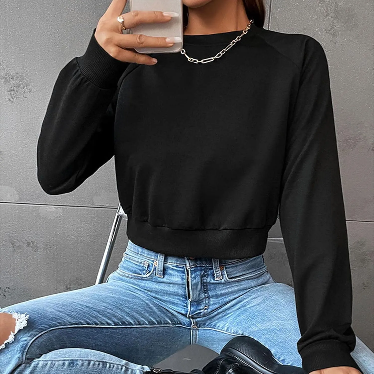 Women Cropped Sweatshirt Trendy Cozy Loose Fit Crewneck Solid Color Pullover Lightweight Long Sleeve Sweatshirt