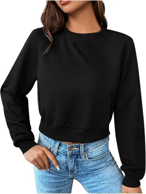 Women Cropped Sweatshirt Trendy Cozy Loose Fit Crewneck Solid Color Pullover Lightweight Long Sleeve Sweatshirt
